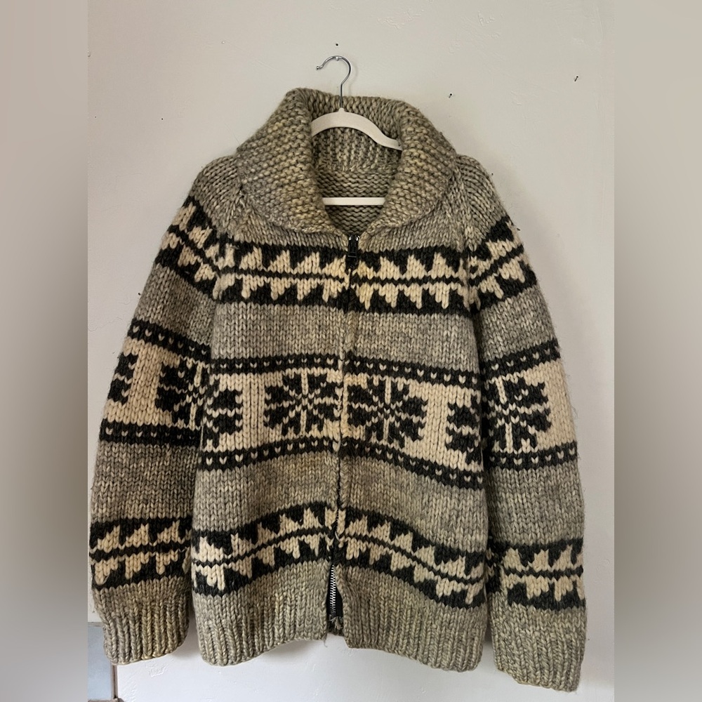 Vintage Wool Hand Knit Cowichan Style Sweater ACME Zippered Cardigan L